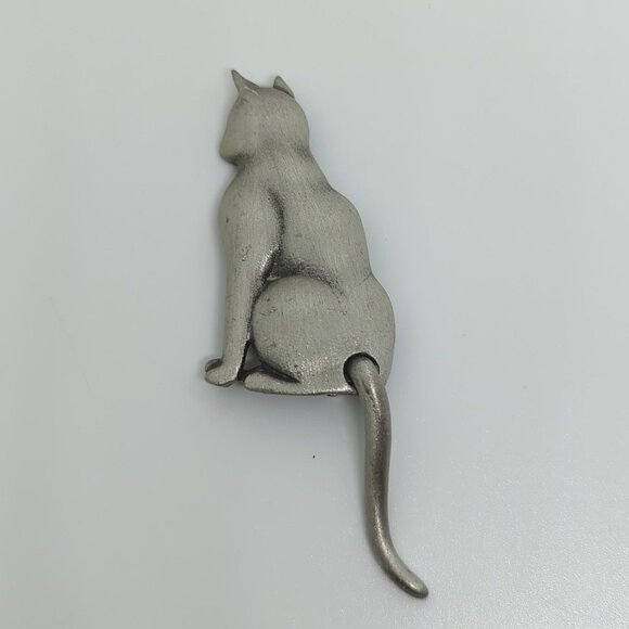 JJ Jewelry - Vintage JJ Signed Cat Brooch With Articulated Tail Pewter-Tone 2.5 Inches
